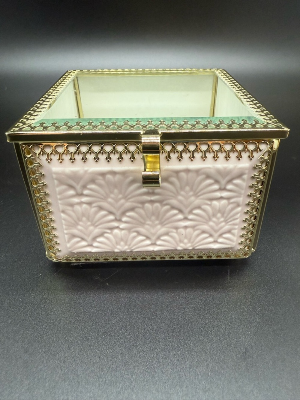 Vintage Glass Trinket/ Jewelry Box Light Pink with Gold Trim and Embossed Panels
